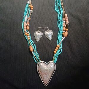 Silver and Turquoise Heart Necklace and Earring Set
